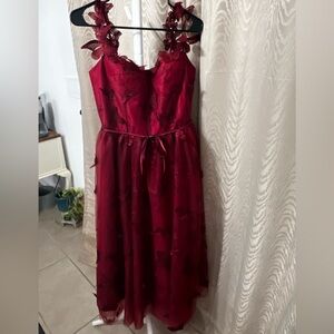 Faereisty Whimsy Fairycore Maroon Butterfly Corset Midi Dress Tulle